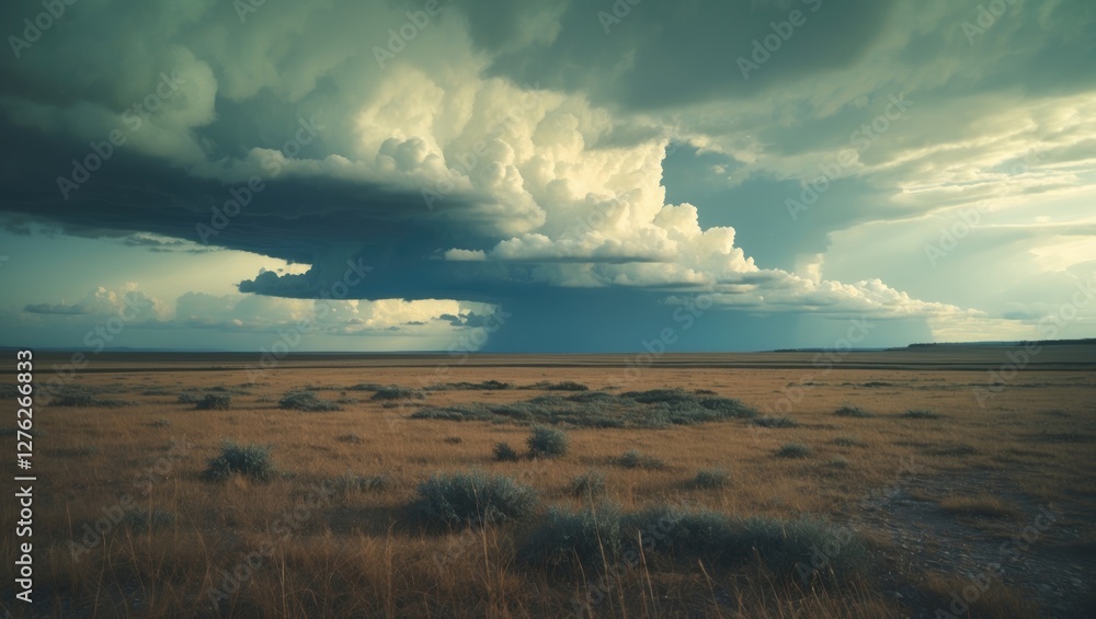 Poster dramatic storm clouds over open landscape with clear space for text and natural elements in foregrou