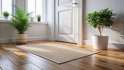 Minimalist Entryway: Macro Detail of Welcome Mat on Wood Floor