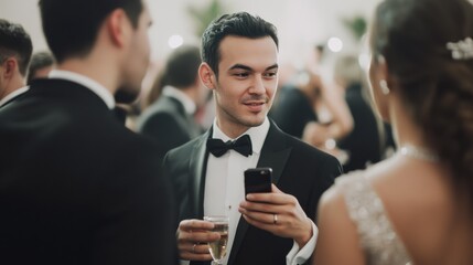Social media rumors affecting a man at a wedding. Featuring distraction and concern