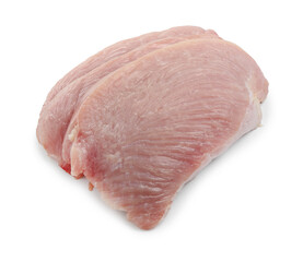Pieces of raw turkey meat isolated on white, top view