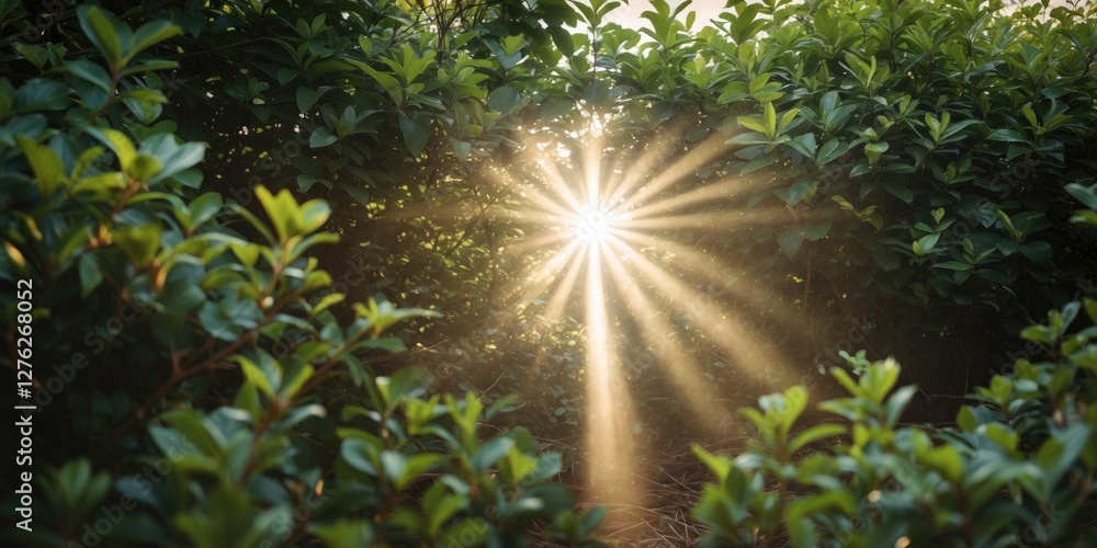 Poster sunlight filtering through green bushes creating space for text overlay in natural setting
