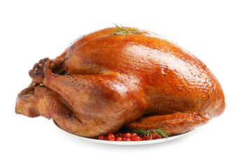 Whole baked turkey with cranberries and rosemary isolated on white