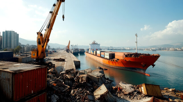 A bustling port scene featuring a large cargo ship docked alongside a crane, surrounded by shipping containers and a clear blue sky.