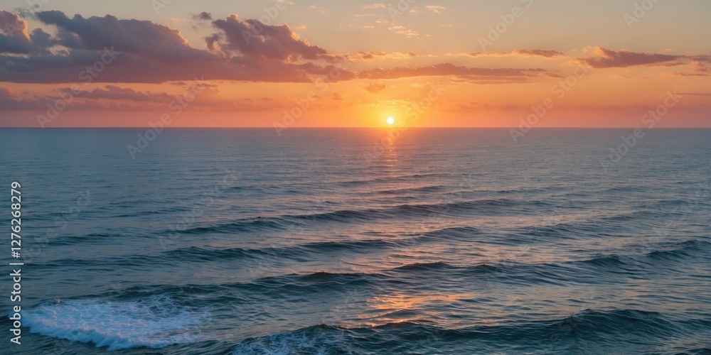 Poster serene sunrise over calm ocean waves with bright skies and ample empty space for text and design ele