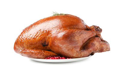 Whole baked turkey with cranberries and rosemary isolated on white