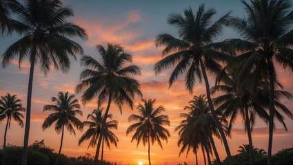 Tropical sunset surrounded by silhouetted palm trees creating a serene and picturesque landscape for relaxation or travel themes.
