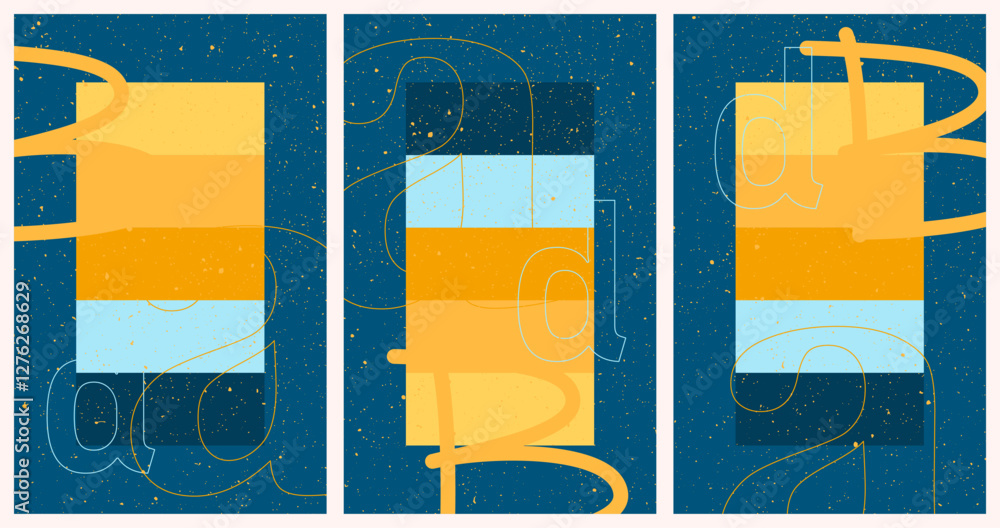 Aufkleber poster set design template with typographic graphics. three vertical posters featuring abstract geom