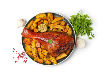 Baked turkey drumstick, vegetables and spices isolated on white, top view