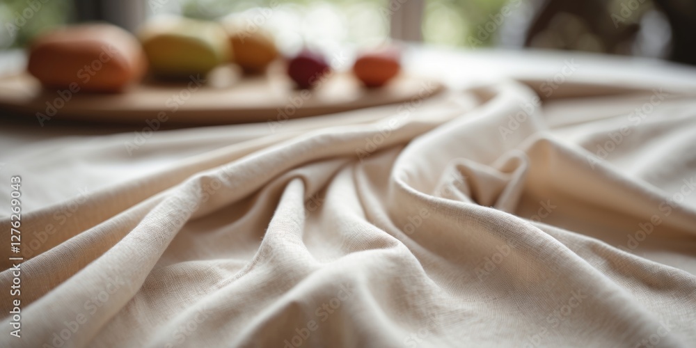 Poster elegant tablecloth with soft folds and neutral tones, providing an inviting background with space fo