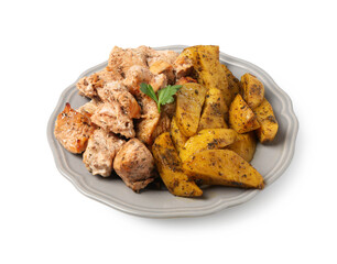 Pieces of delicious baked turkey and potatoes isolated on white