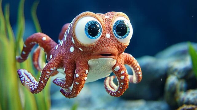 Colorful cartoon octopus exploring a vibrant underwater habitat with coral and aquatic plants