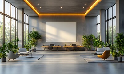 Fototapeta premium Modern office interior with desks and chairs in an open space setting, featuring a blank white wall on the right for copy space. 3D Rendering,