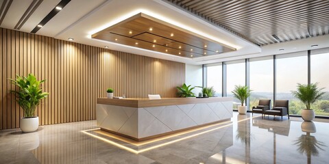 Fototapeta premium Minimalist Modern Office Lobby Reception Desk - Elegant Corporate Interior Design Stock Photo