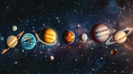 A stunning depiction of the solar system showing planets in alignment against a cosmic backdrop