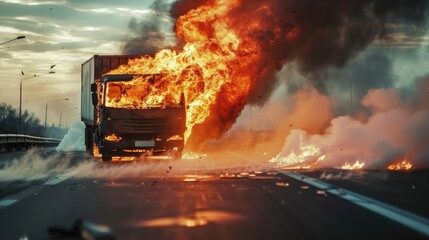A fiery truck accident on a highway, with flames engulfing the vehicle amidst smoke and debris scattered around