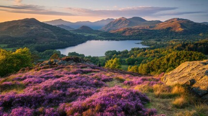 Fototapeta premium stunning sunset over lake and mountains in the uk