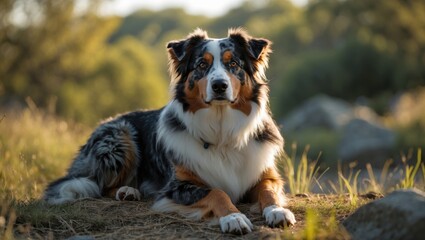 Australian Shepherd Relaxing in Nature with Lush Green Background and Empty Space for Text or Design Elements.