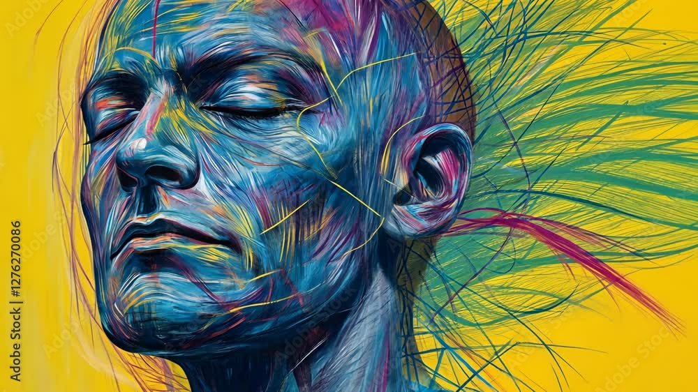 Poster colorful abstract portrait of a serene individual with vibrant lines and patterns