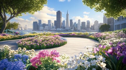 Beautiful garden with colorful flowers and San Francisco city skyline with skyscrapers.