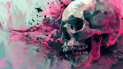 Vibrant skull illustration with abstract splashes of color, creating a striking visual effect for artistic use