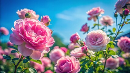 Fototapeta premium Minimalist Pink Roses in Blue Sky Park Garden - Stock Photo