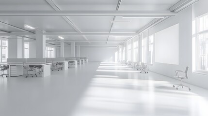 Fototapeta premium Modern office interior with desks and chairs in an open space setting, featuring a blank white wall on the right for copy space. 3D Rendering,