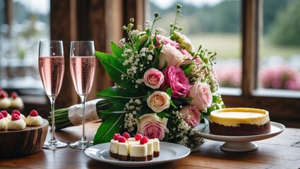 Elegant wedding setup with pink champagne glasses, a beautiful bouquet, and assorted desserts on a rustic wooden table. Perfect for celebrations.