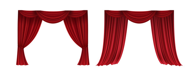 Realistic 3D Set of Red Velvet Theater Curtains Open and Closed Long and Short Top Borders Isolated on White Background © vik_y