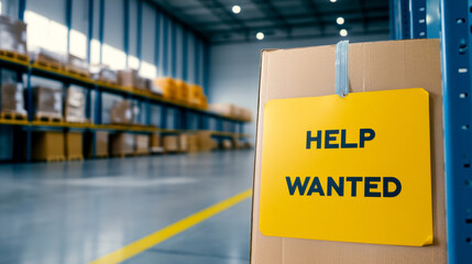 A warehouse scene featuring a "Help Wanted" sign on a cardboard box, indicating job opportunities in a storage environment.