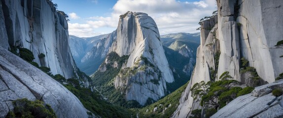 Dramatic granite cliffs rise majestically above lush valleys showcasing the beauty of rugged landscapes and breathtaking natural formations.