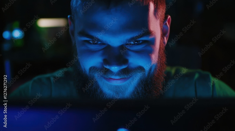 Poster man with evil grin at computer screen in blue and red light