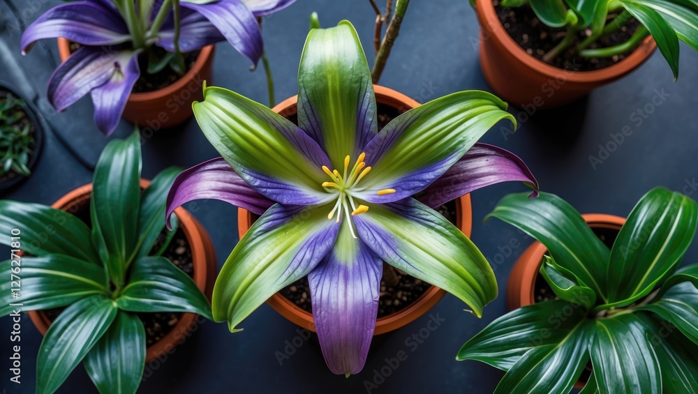 Poster vibrant top view of unique potted lily with green and violet petals surrounded by lush foliage on a 