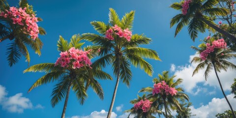 Tropical flowering palm trees with vibrant pink blossoms against a clear blue sky featuring empty space for text placement.