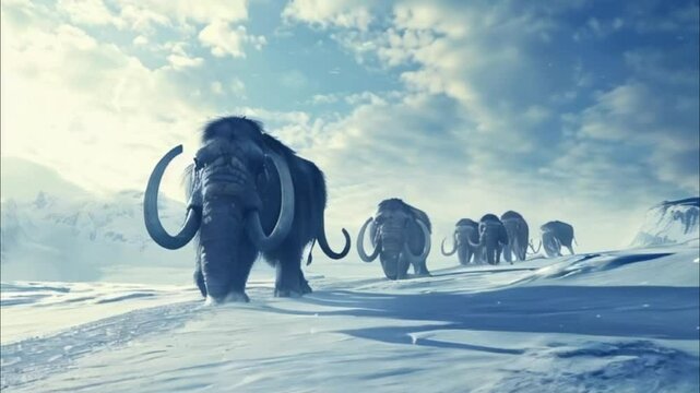 Majestic mammoth in its natural habitat with large long tusks, abstract vivid composition consists of fictional unreal fantastic vision on background