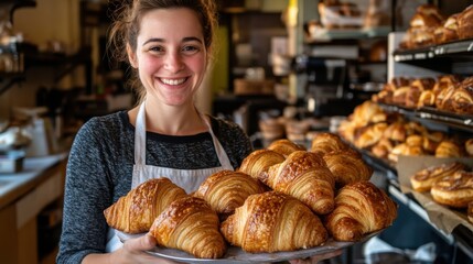 happy baker holding freshly baked croissants