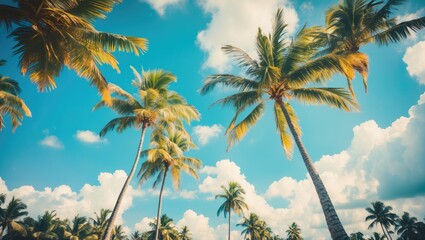Tropical palm trees against a vibrant blue sky with fluffy clouds creating a serene vacation backdrop for travel and nature themes.
