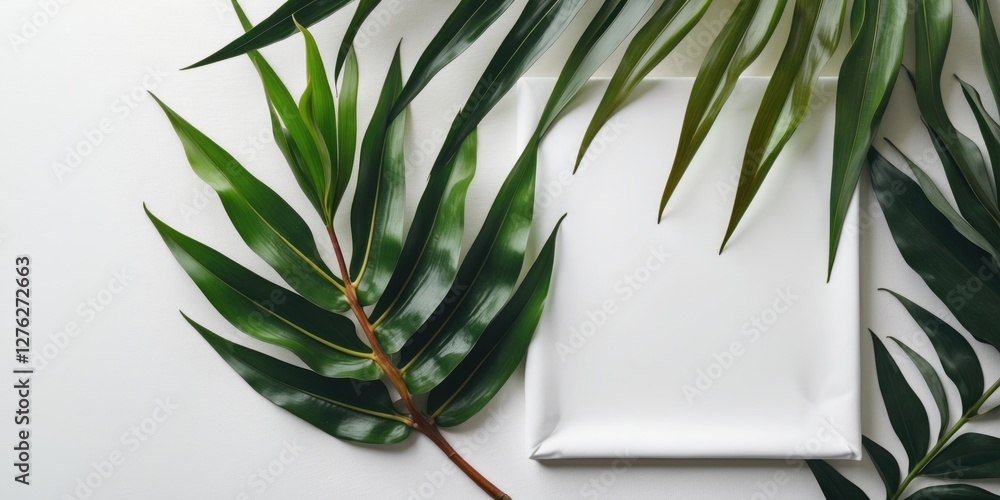 Poster tropical leaves elegantly arranged on a white canvas backdrop creating spacious layout for text or d