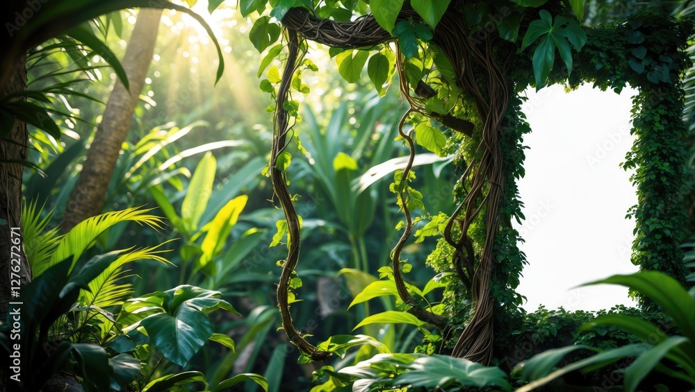 Poster lush jungle frame with twisted vines and sunlight filtering through dense foliage