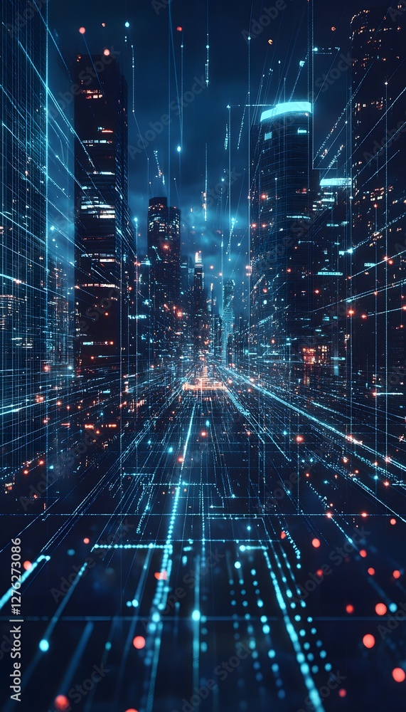 Poster futuristic city with data streams and abstract digital architecture