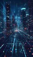 Fototapeta premium Futuristic city with data streams and abstract digital architecture