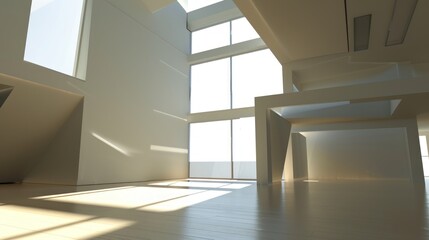 Obraz premium Sunlit Modern Architectural Interior Design: A Spacious Room with Large Windows and Clean Lines