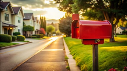 Minimalist Suburban Street Scene: Classic Red Mailbox