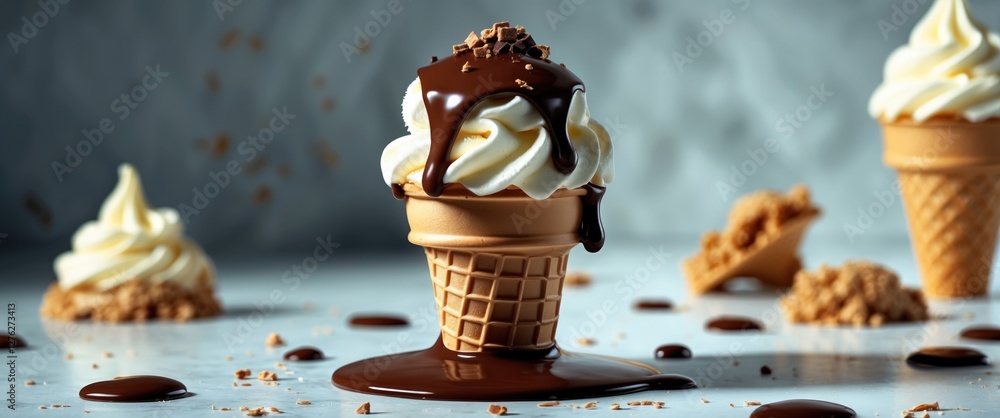 Poster Vanilla Ice Cream Cone with Chocolate Drizzle and Toppings on a Light Background in a Dessert Setting with Dripping Sauce