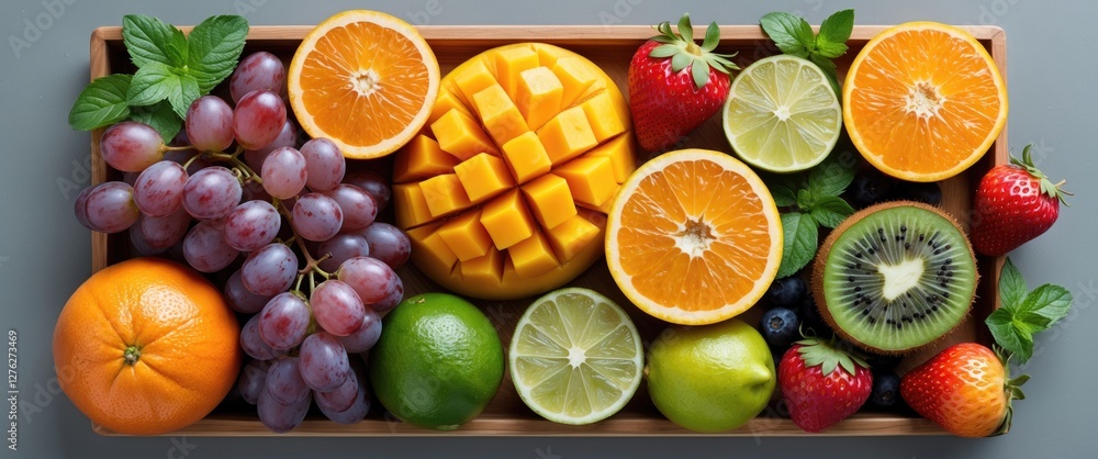Poster assorted fresh fruits display on wooden tray with empty copy space for text ideal for healthy eating