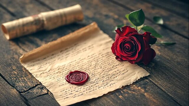 Red Rose and Old Letter on Wooden Table