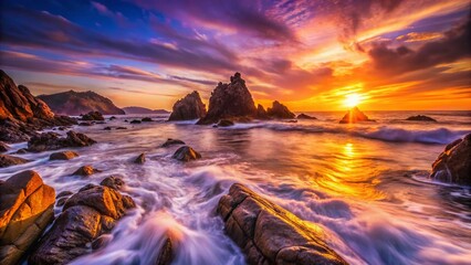 Minimalist Vibrant Sunset: Rocky Coastline & Ocean Waves