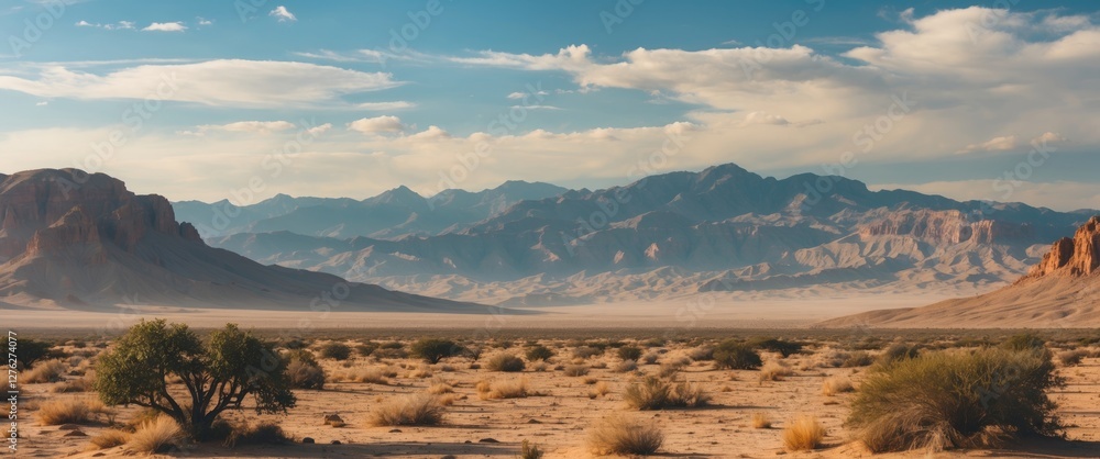 Poster desert landscape with mountains in background featuring expansive sky and open space for custom text