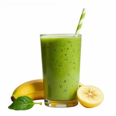 Fototapeta premium Green Smoothie with Banana and Straw ready for a Refreshing Health Drink to Start the Day