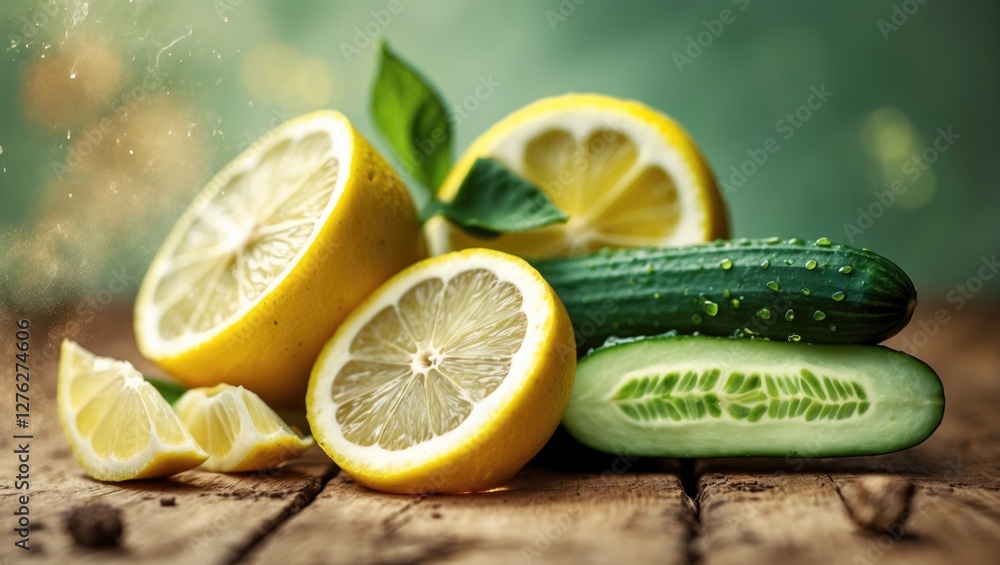 Poster refreshing citrus and cucumber arrangement on wooden surface with leaves, ideal for health and welln