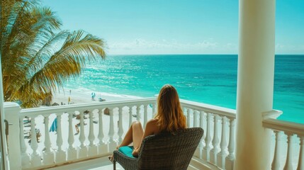 woman relaxing on beachfront balcony